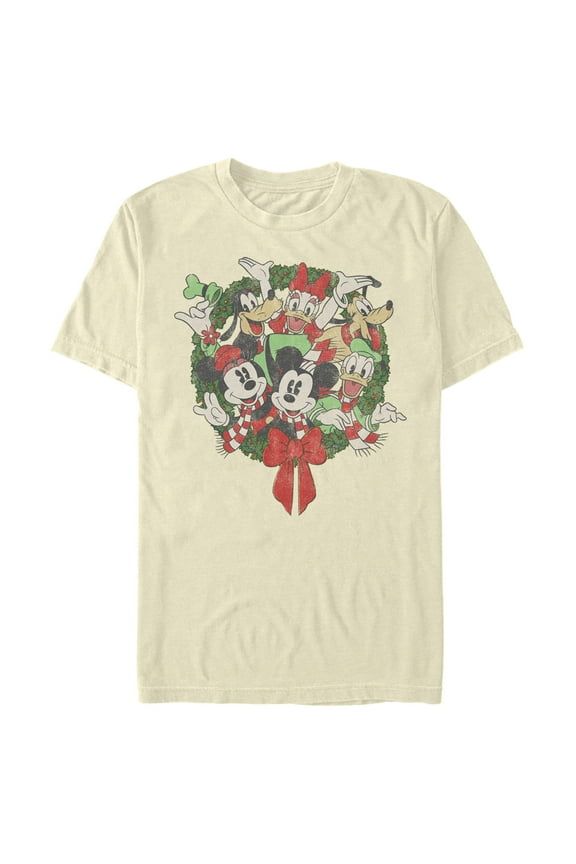 Men's Mickey & Friends Christmas Group Shot Wreath  Graphic Tee Beige 3X Large