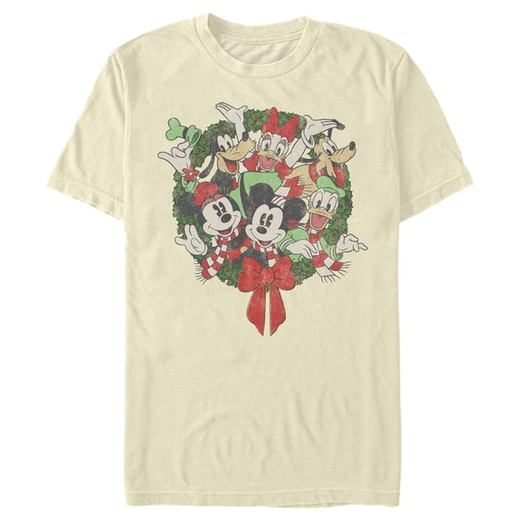 Men's Mickey & Friends Christmas Group Shot Wreath Graphic Tee Beige Large