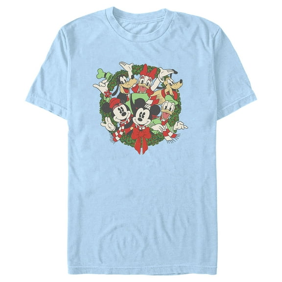 Men's Mickey & Friends Christmas Retro Friends Wreath  Graphic Tee Light Blue 3X Large