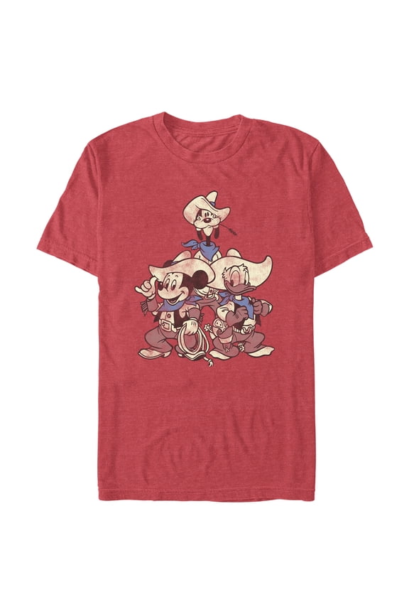 Men's Mickey & Friends Distressed Cowboy Crew Graphic Tee Red Heather Large