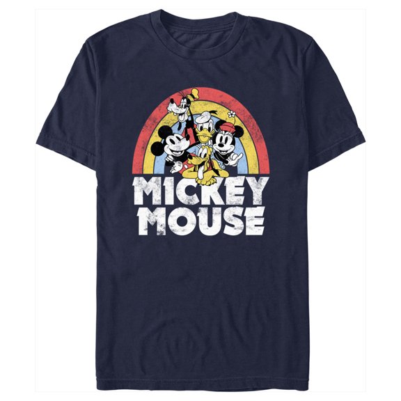 Men's Mickey & Friends Distressed Rainbow Friends Graphic Tee Navy Blue Medium