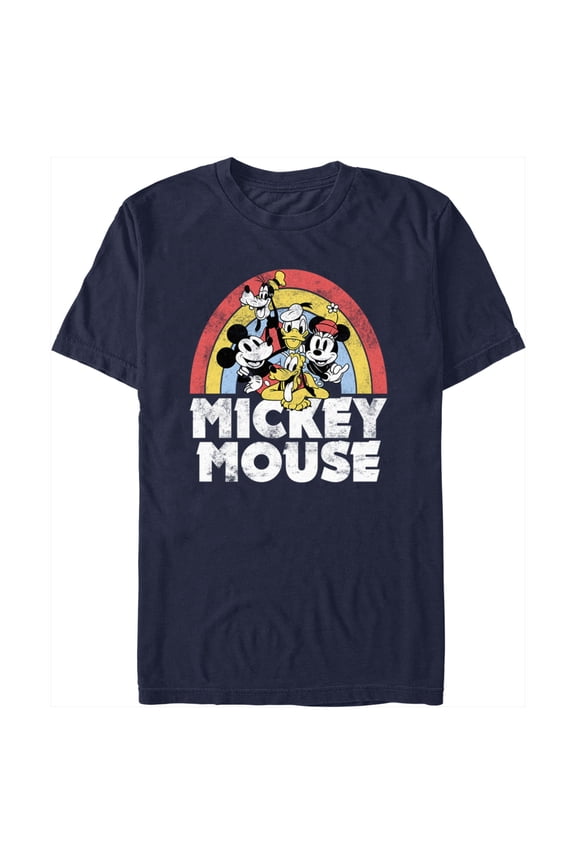 Men's Mickey & Friends Distressed Rainbow Friends Graphic Tee Navy Blue Small