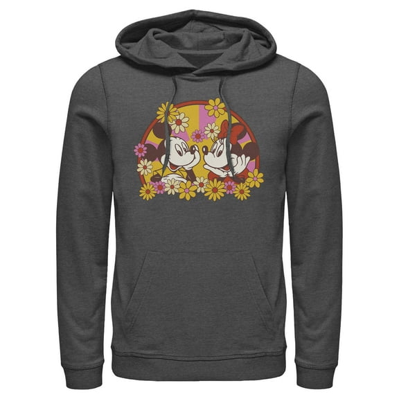 Men's Mickey & Friends Floral Couple  Pull Over Hoodie Charcoal Heather Large