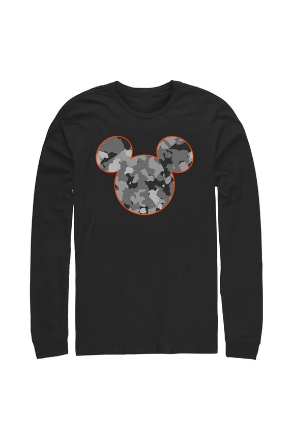 Men's Mickey & Friends Gray Camo Mickey Mouse Logo Long Sleeve Shirt Black Large