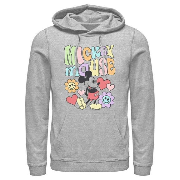 Men's Mickey & Friends Groovy Hearts and Smilies Logo  Pull Over Hoodie Athletic Heather X Large