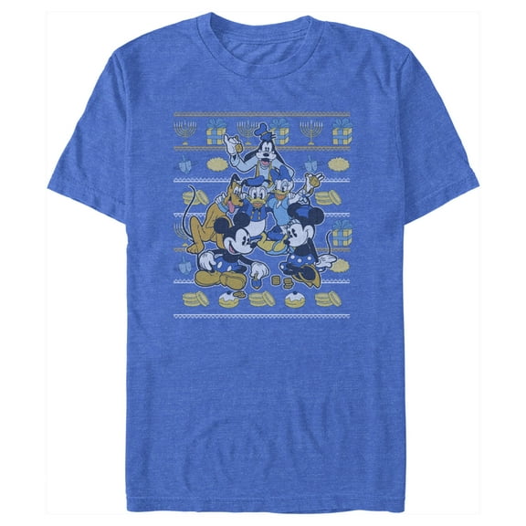 Men's Mickey & Friends Hanukkah Ugly Sweater Graphic Tee Royal Blue Heather 2X Large