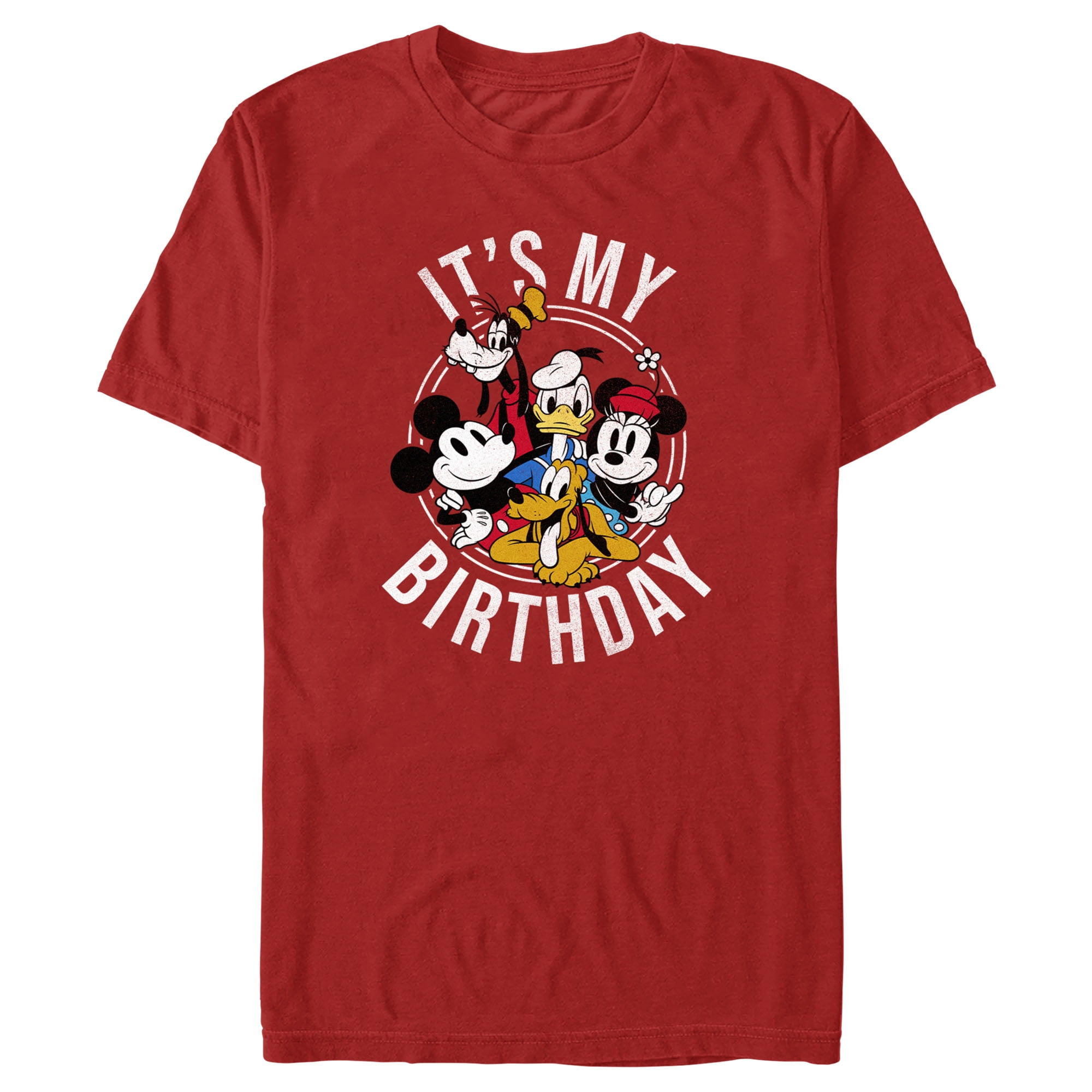 Men's Mickey Friends It's My Birthday Group Shot Graphic Tee Red