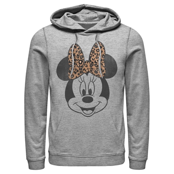 Men's Mickey & Friends Minnie Mouse Cheetah Print Bow Pull Over Hoodie Athletic Heather Medium