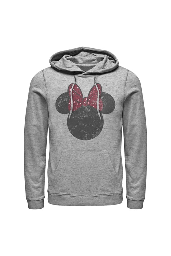 Men's Mickey & Friends Minnie Mouse Distressed Leopard Bow Pull Over Hoodie Athletic Heather Large