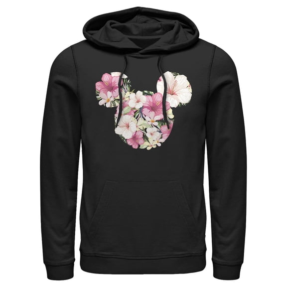 Men's Mickey & Friends Pink Floral Mickey Mouse Logo Pull Over Hoodie Black X Large