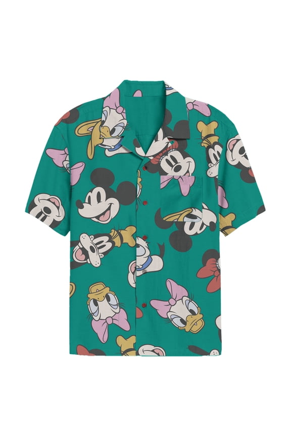 Men's Mickey & Friends Retro Character Print Button Down Shirt Multi-Color X Large