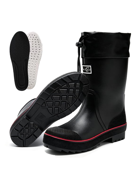 Men's Mid-Calf Adjustable Rain Boots With cloud insoles, 100% Waterproof Non-Slip Rubber Sole Garden Work Boots,Durable PVC Muck Boots for Fishing Hunting Gardening Yard Work