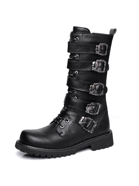 Men's Mid‑Calf Biker Combat Boots, Multi Decorative Metal Buckle Straps Lace‑Up Front Rounded Toe Exposed Edge Stitching Block Low Heel Lug Traction Outsole Footwear For Street Styling And Themed Occ