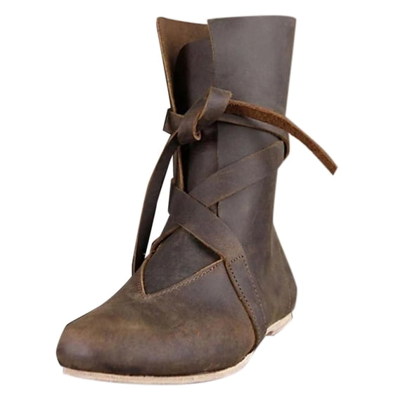 Men's Mid-Calf Boots - On Shoes Retro Lace Up Punk Leather Footwear Comfortable Non- Padded Casual Footwear for Festivals and Events