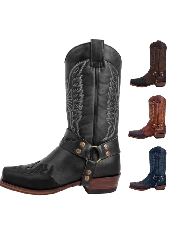 Men's Mid-Calf Boots Square Toe Embroidered Western Style Side Zipper Low Heel Comfortable Cowboy Footwear for Casual Parties Holidays