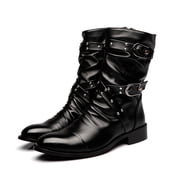 Mens Mid-Calf Fashion Boots, Pointed Toe Buckle Strap Boots, Warm Lined High Top Motorcycle Boots, Gothic Punk Casual Dress Boots for Spring and Fall