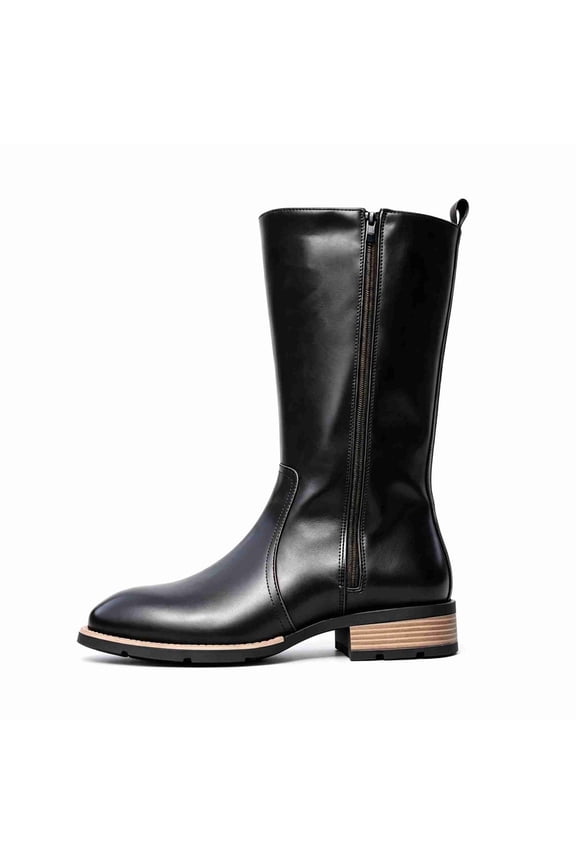 Men's Mid Calf Leather Boots, Side Zipper Casual Work Boots, Stack Wood Block Low Heel Daily Outdoor Footwear, Classic Biker Style for Fall/Winter