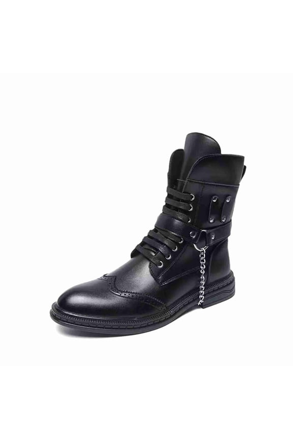 Men's Mid-Calf Leather Boots with Chain Strap - Punk Style Brogue Detailing, Lace-Up Strap Dress Ankle Boots, Black/Brown