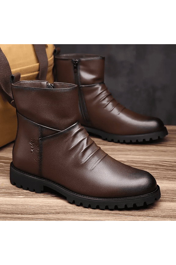 Men's Mid Calf Slip On Chelsea Martin Boots, Microfiber Leather Pleated Side Zipper Ankle Boots, Wear Resistant Thick Lug Sole Casual Dress Boots for Daily Outdoor
