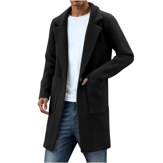 Men's Mid Length Fleece Pea Coat Long Sleeve Lapel Button Solid Jacket with Pockets Black XL