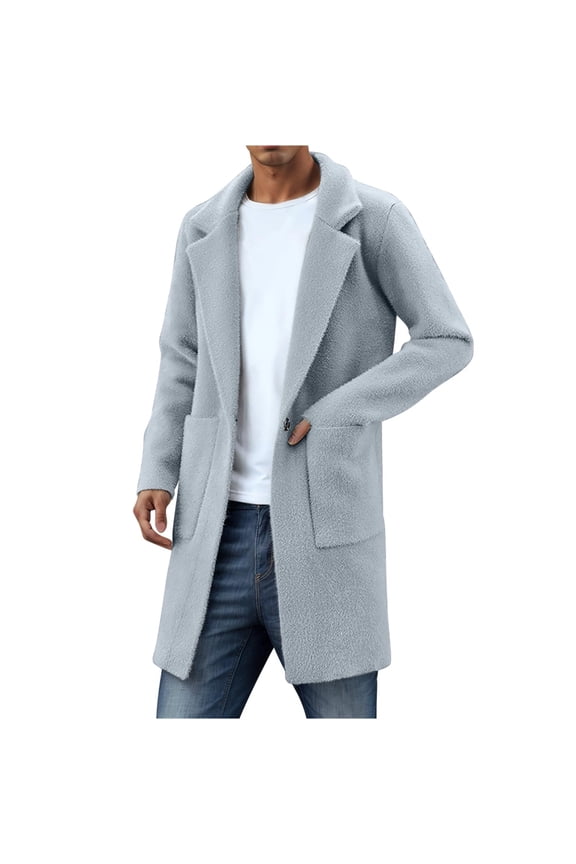 Men's Mid Length Fleece Pea Coat Long Sleeve Lapel Button Solid Jacket with Pockets Gray M