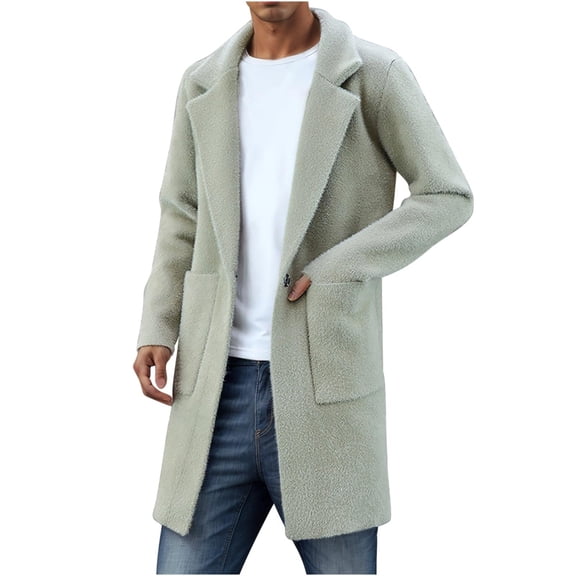 Men's Mid Length Fleece Pea Coat Long Sleeve Lapel Button Solid Jacket with Pockets Khaki M