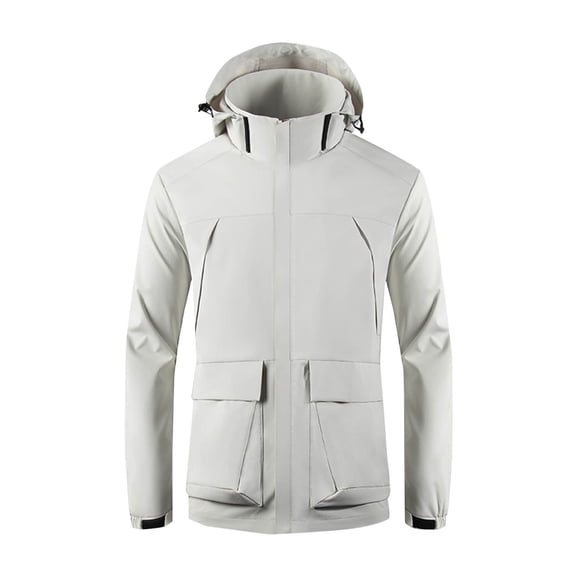 Men's Mid-Length Multi Flap Cargo Pocket Hard Shell Rain Jacket Waterproof Windproof Adjustable Storm Hood Hiking Commute Coat Windbreaker Jackets for Men White M