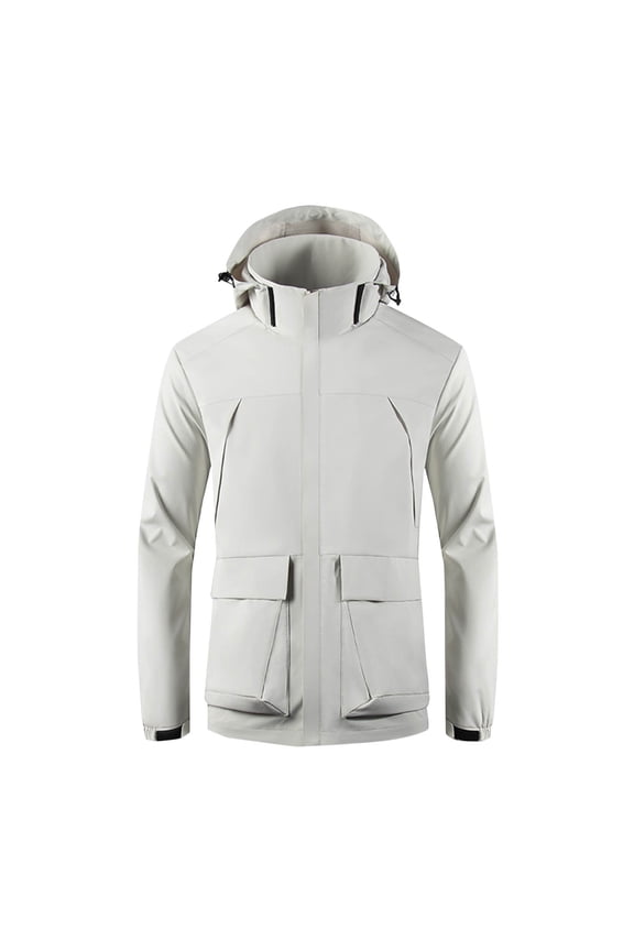 Men's Mid-Length Multi Flap Cargo Pocket Hard Shell Rain Jacket Waterproof Windproof Adjustable Storm Hood Hiking Commute Coat Windbreaker Jackets for Men White M