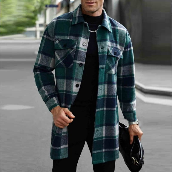 Men's Mid-Length Plaid Shacket Long Sleeve Casual Button Down Shirt Stylish Long Jackets Loose Outfit Blouse Tops (L, Army Green)