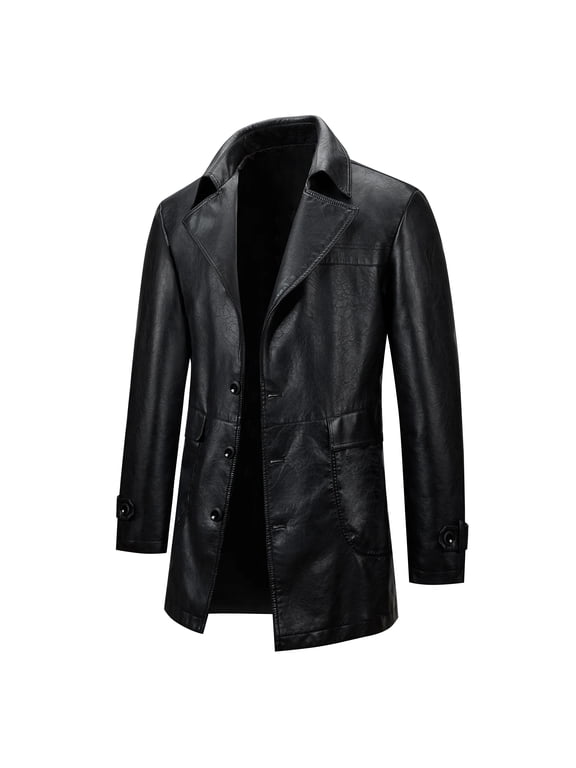 Men's Mid-Length Single-Breasted Lapel Coat, Vintage Simple Casual PU Leather Jacket