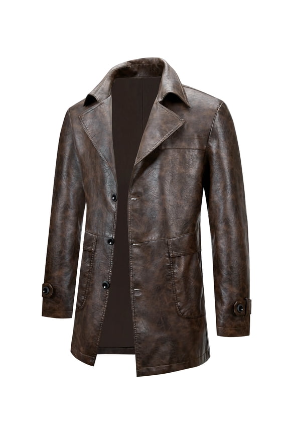 Men's Mid-Length Single-Breasted Lapel Coat, Vintage Simple Casual PU Leather Jacket