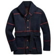 thumbnail image 1 of Men's Mid Length Sweater Coat Long Sleeve Lapel Plaid Knit Button Down Vintage Inspired Western Cardigan Outerwear Navy L, 1 of 6