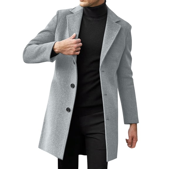 Men's Mid-Length Wool Trench Coat, Trendy Business Single-Breasted Outerwear, Light Gray, L