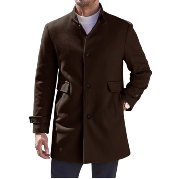 Men's Mid-Length Woolen Coat - Solid Color Stand-Up Collar Fashion Casual Outerwear, Warm Overcoat, Coffee Brown, L
