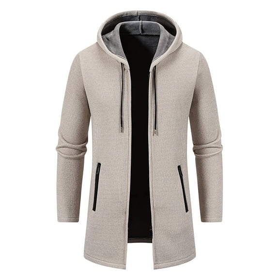 Men's Mid-Long Knitted Hoodie Full Zip Cardigan Sweaters Slim Fit Long Sleeve Jacket Coats with Zipper Pockets