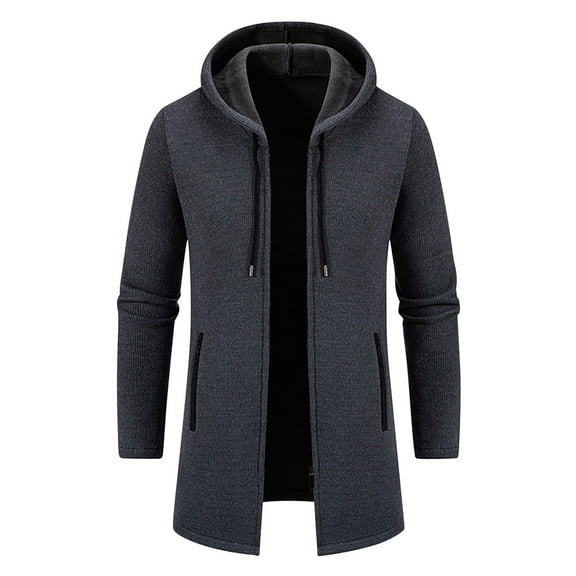 Men's Mid-Long Knitted Hoodie Full Zip Cardigan Sweaters Slim Fit Long Sleeve Jacket Coats with Zipper Pockets