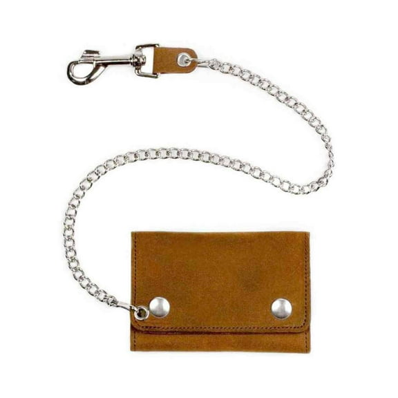 Men's Mid-Size Tri-Fold Biker Styled Chain Wallet, Genuine Leather Brown PU325