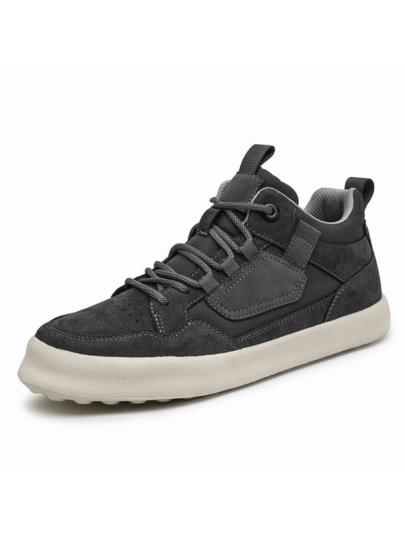 Men's Mid‑Top Casual Sneakers, Mixed Panel Upper with Fabric Strap Accents, Lace‑up Closure, Thick Flat Midsole, Pull Loops at Tongue and Heel for Everyday Walking