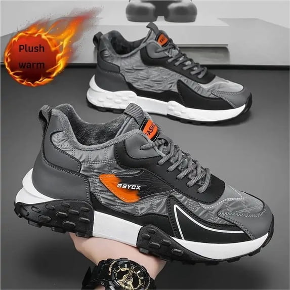 Men's Mid Top Winter Sneakers, Lace-Up Faux Fur Lined Warm Non-Slip ...