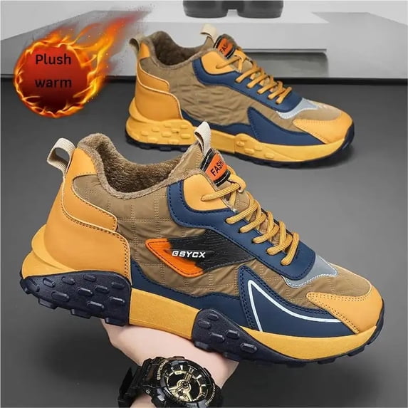 Men's Mid Top Winter Sneakers, Lace-Up Faux Fur Lined Warm Non-Slip ...