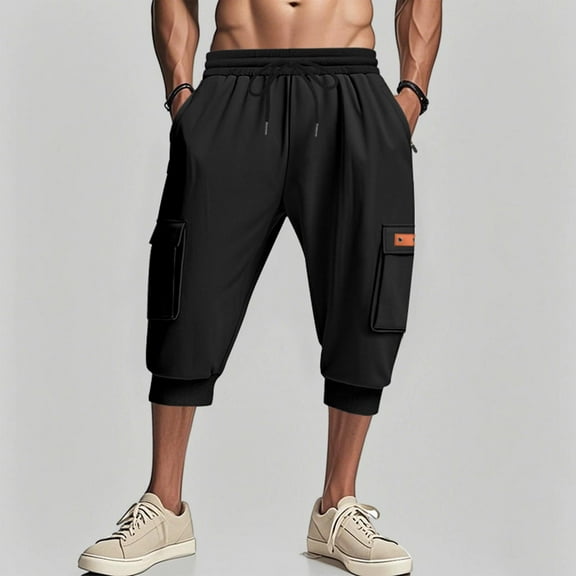 Men's Mid-Waist Drawstring Casual Pants with Pockets, Elastic Leg Openings, and Bunched Cuffs for Outdoor Wear