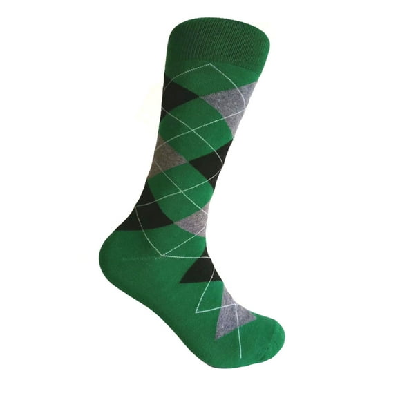 Men's Mid-calf Argyle Plaid Scottish Tartan Wedding Groomsman Gift Party Events Father's Day Presents Dress Casual Socks in Irish Green with Black and Heather Gray Color