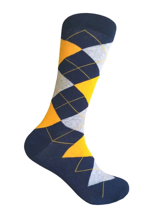 Men's Mid-calf Argyle Plaid Scottish Tartan Wedding Groomsman Gift Party Events Father's Day Presents Dress Casual Socks in Navy with Gold Yellow and Gray Color