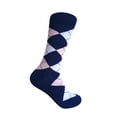thumbnail image 1 of Men's Mid-calf Argyle Plaid Scottish Tartan Wedding Groomsman Gift Party Events Father's Day Presents Dress Casual Socks in Navy with Pink and White Color, 1 of 1
