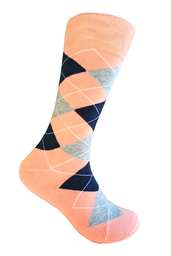 Men's Mid-calf Argyle Plaid Scottish Tartan Wedding Groomsman Gift Party Events Father's Day Presents Dress Casual Socks in Peach with Navy and Gray Color