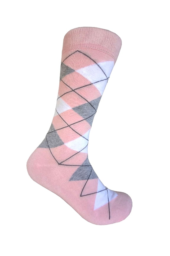 Men's Mid-calf Argyle Plaid Scottish Tartan Wedding Groomsman Gift Party Events Father's Day Presents Dress Casual Socks in Pink with White and Gray Color