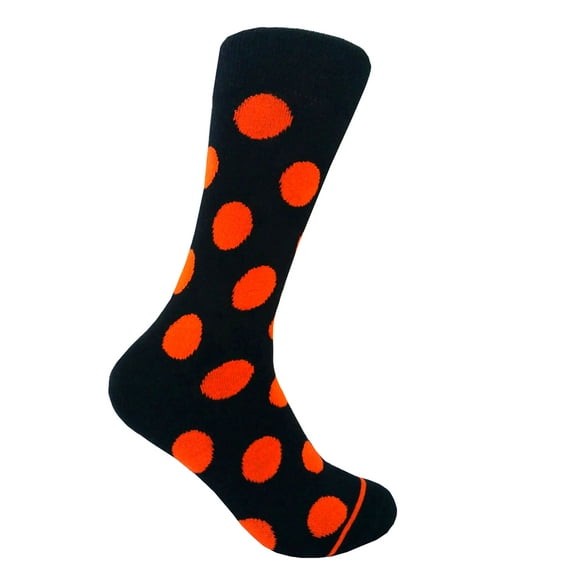 Men's Mid-calf Polka Dots Dress Casual Socks in Black with Orange Color