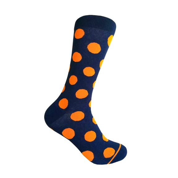 Men's Mid-calf Polka Dots Dress Casual Socks in Navy with Orange Color