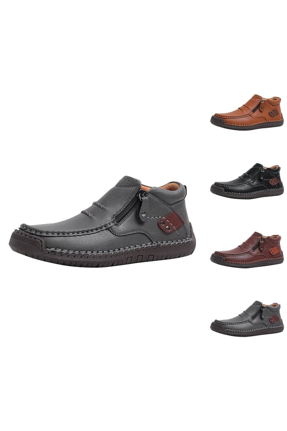 Men's Mid-top Chukka Boots,Fall Winter Fashion Vintage Leather Handmade Non-Slip Side Zip Driving Casual Dress Shoes
