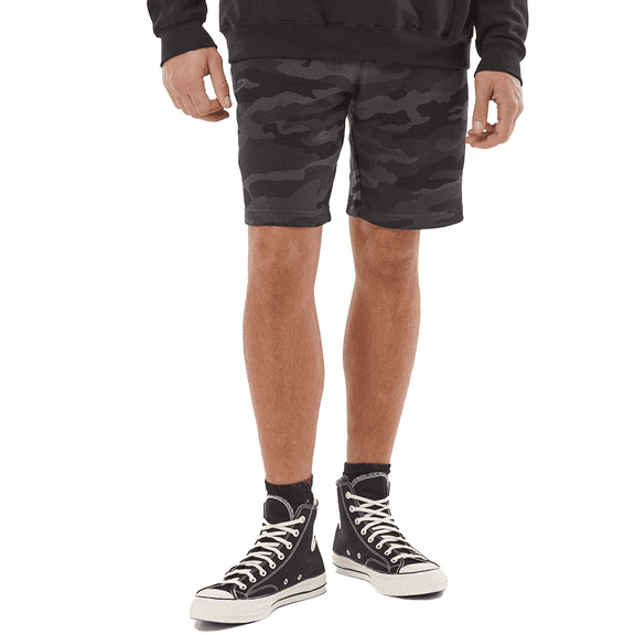 Men's Midweight Fleece Shorts, 8.5 oz, Cotton/Poly Blend, Relaxed Fit with Drawstring Waist, Black Camo, L